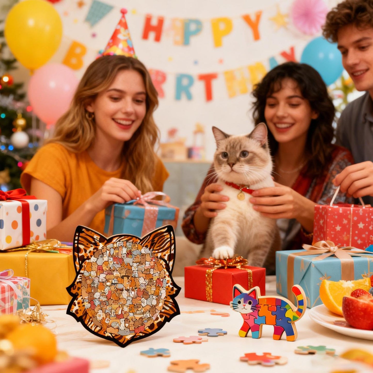 Colorful Cat-Shaped Tray Wooden Jigsaw Puzzle